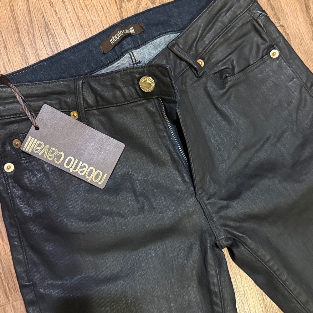 Roberto Cavalli NWT Wax Coated Jeans BLACK Women’s Size 40 (US size 2)